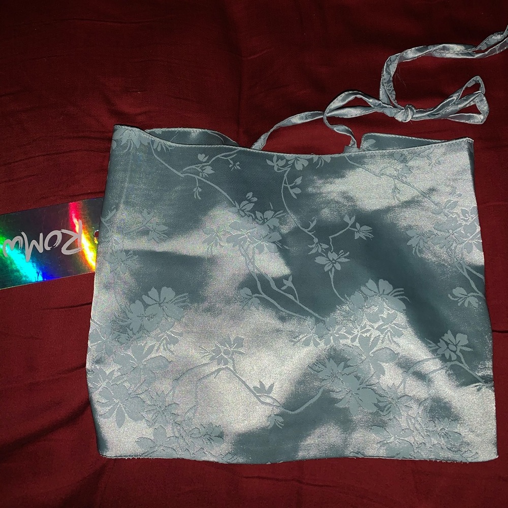 Blue satin strapless top